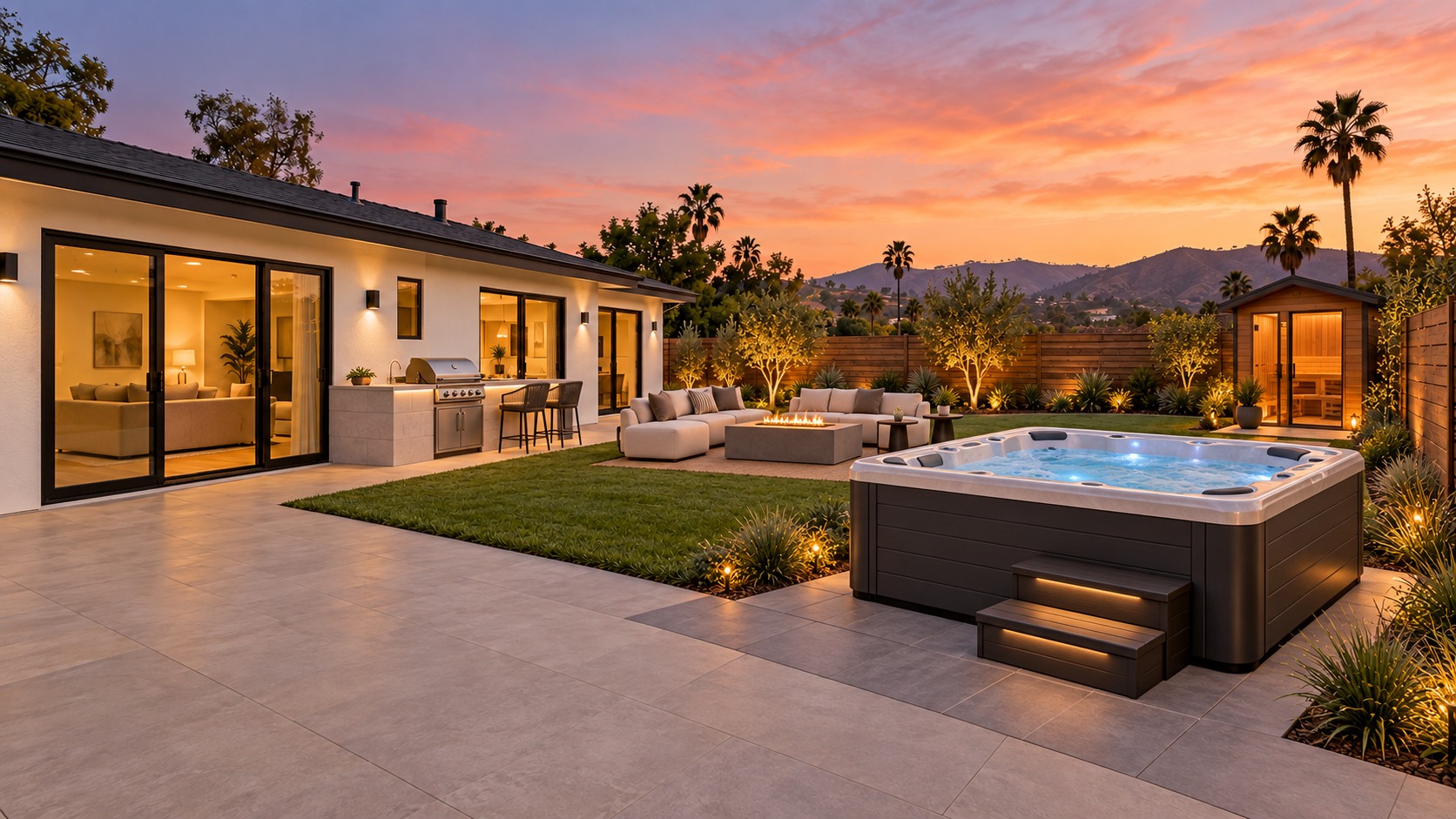 Illustrative vacation backyard with a spa, outdoor kitchen, fire lounge and sauna