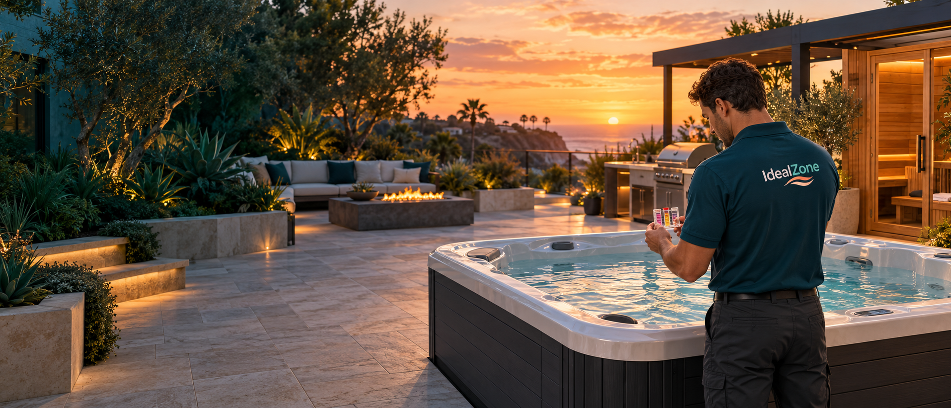 An IdealZone service technician checking spa water in an outdoor retreat at sunset