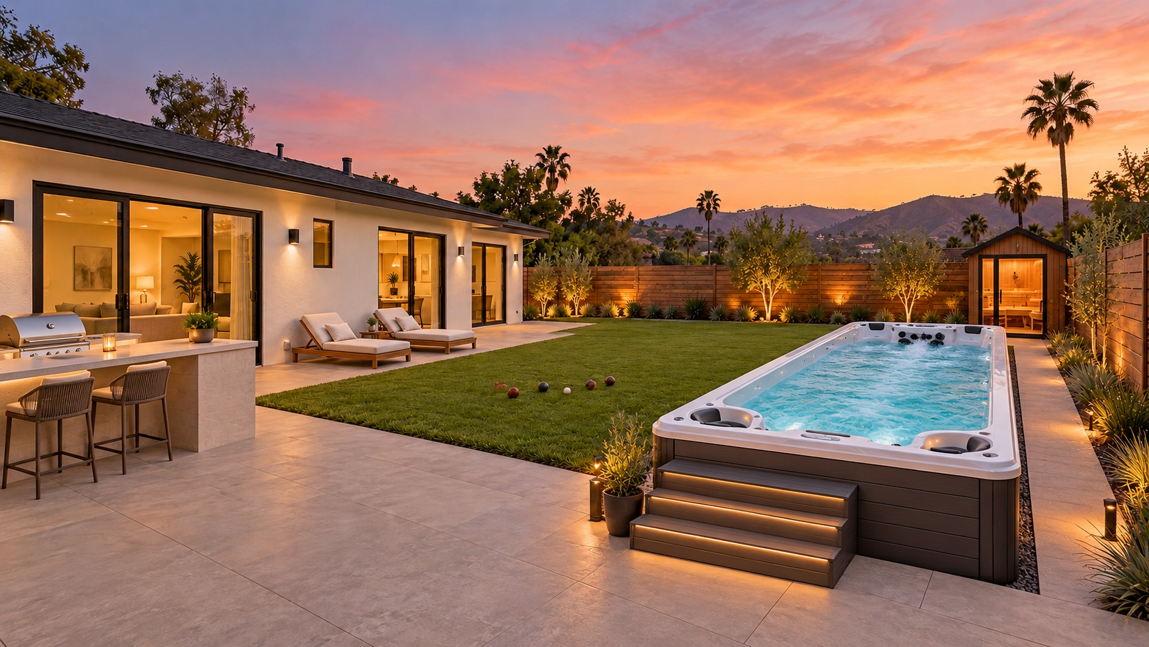 Concept outdoor wellness space with a sauna