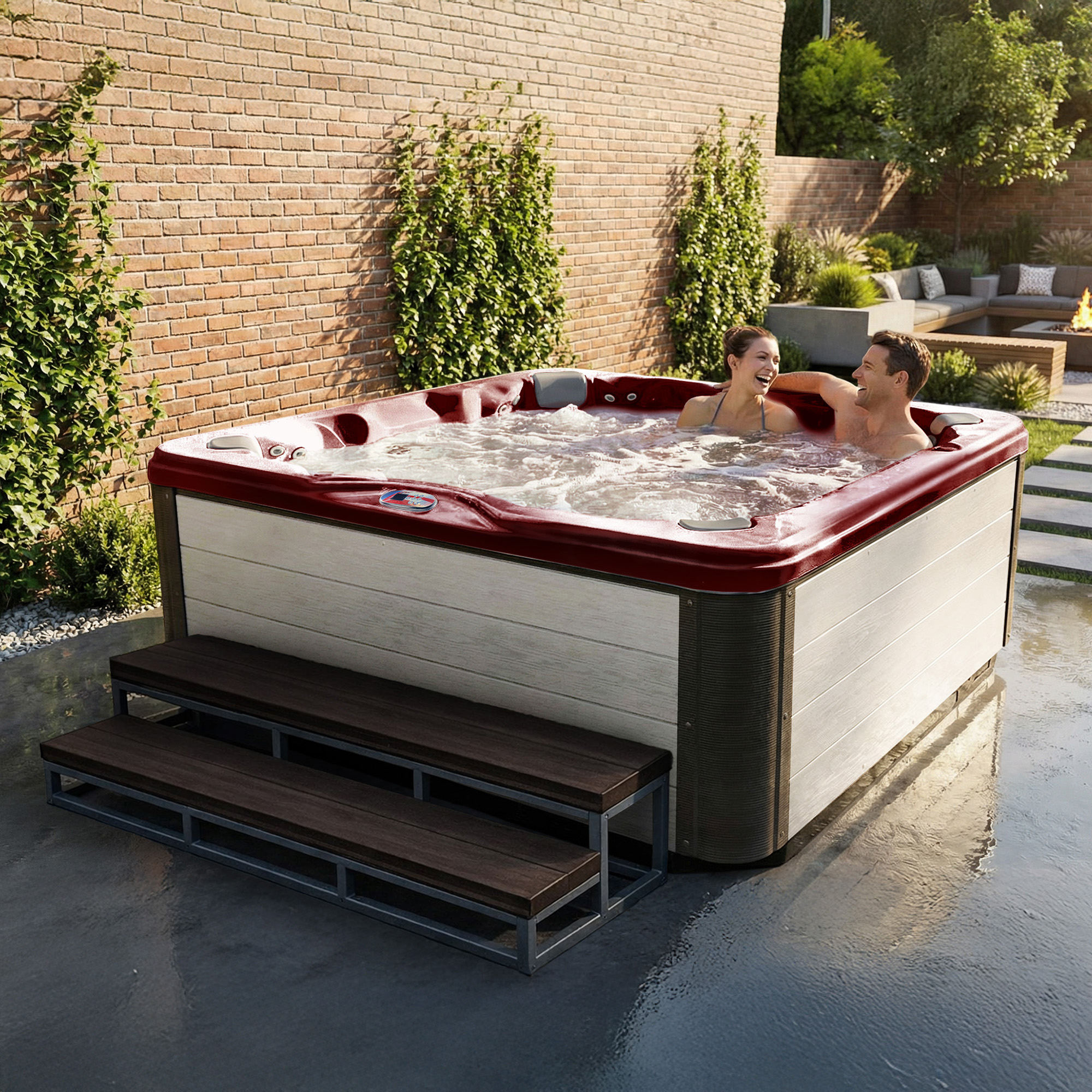 7-Person 56-Jet Premium Acrylic Bench Spa Standard Hot Tub with Bluetooth Sound System and LED Waterfall