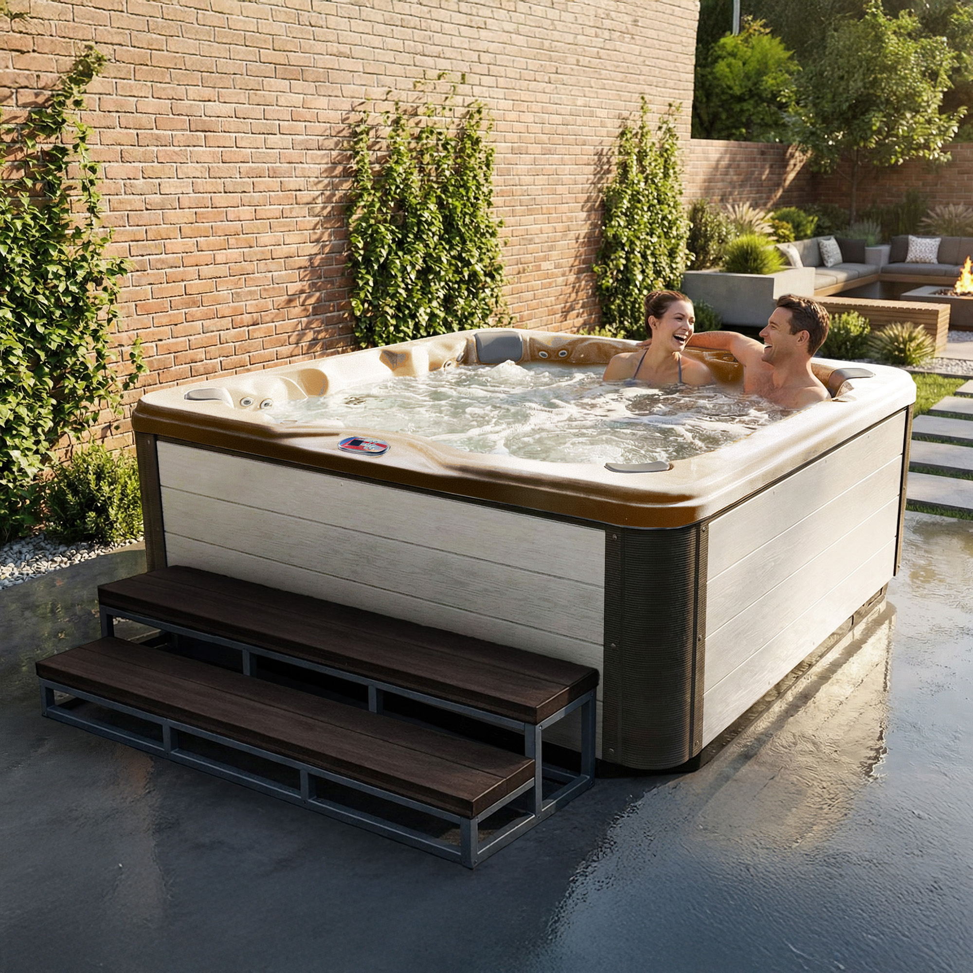 7-Person 56-Jet Premium Acrylic Bench Spa Standard Hot Tub with Bluetooth Sound System and LED Waterfall
