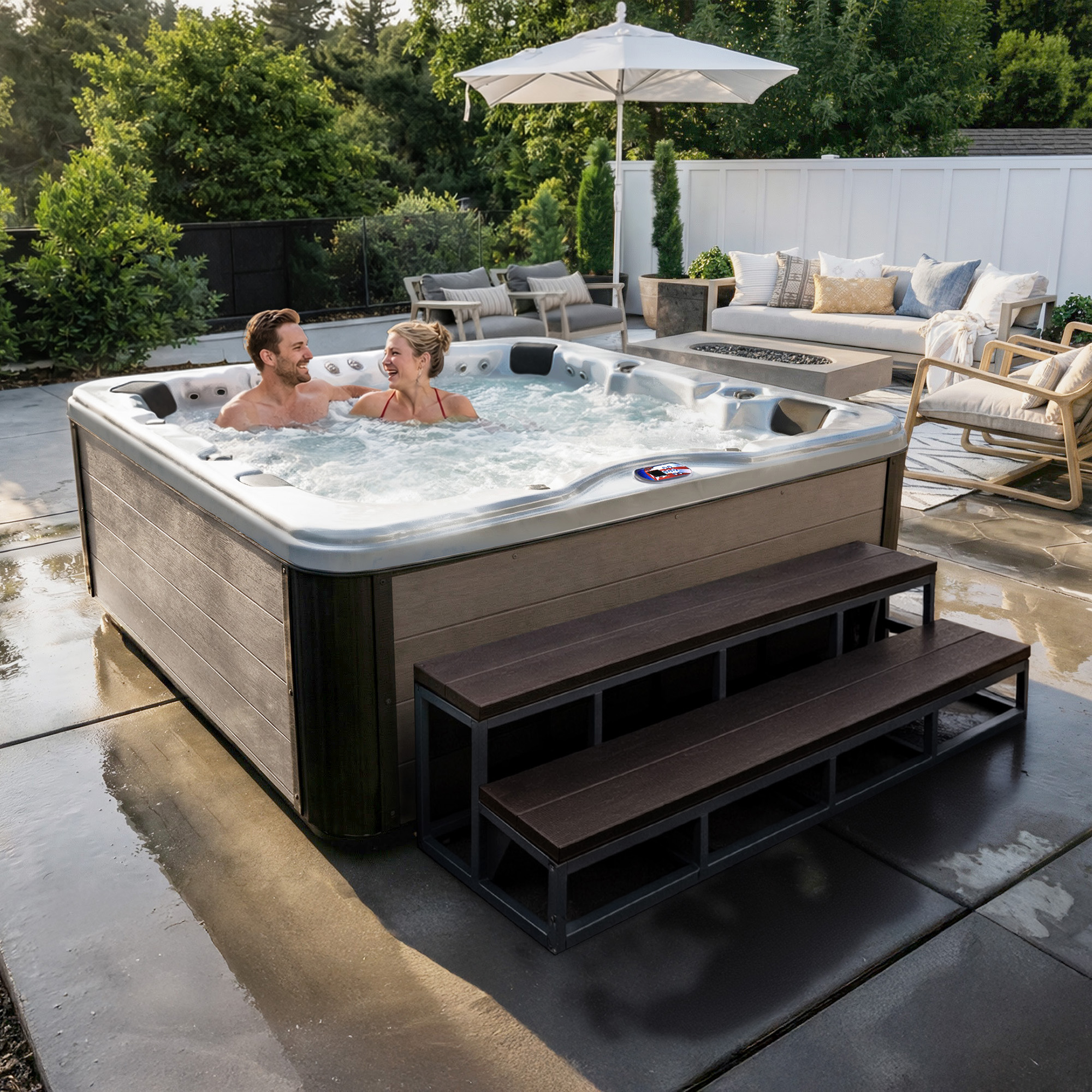 7-Person 72-Jet Premium Acrylic Bench Spa Standard Hot Tub with Bluetooth Sound System and LED Waterfall