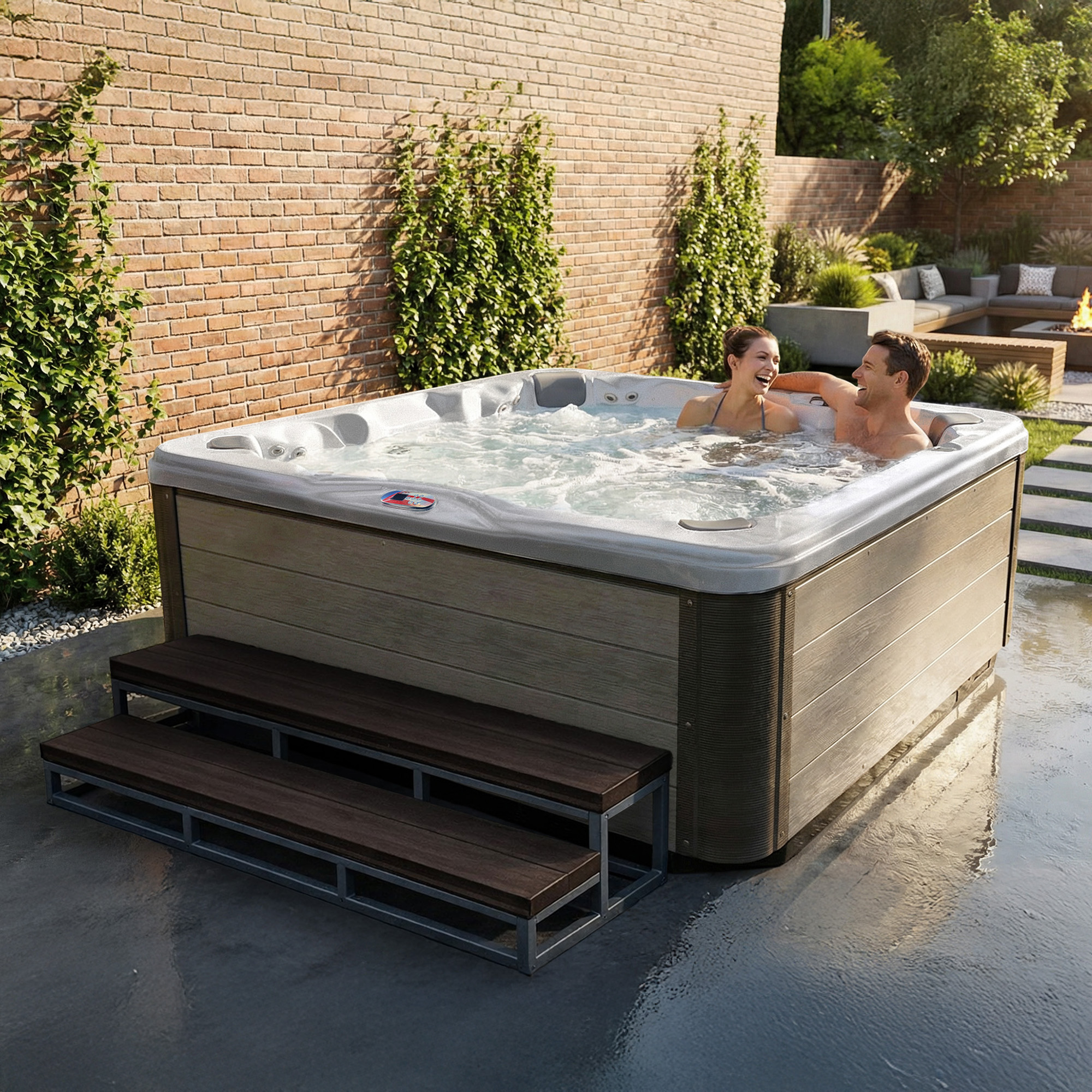 7-Person 56-Jet Premium Acrylic Bench Spa Standard Hot Tub with Bluetooth Sound System and LED Waterfall