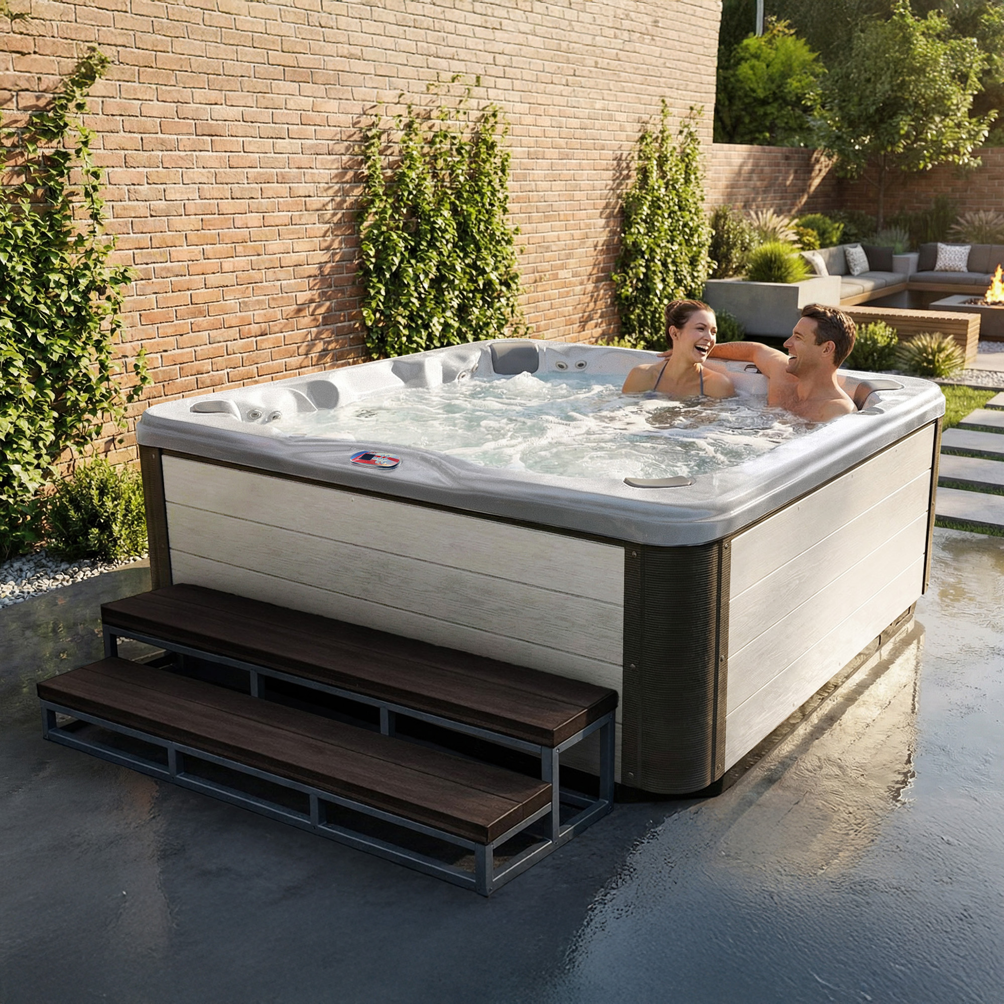 7-Person 56-Jet Premium Acrylic Bench Spa Standard Hot Tub with Bluetooth Sound System and LED Waterfall