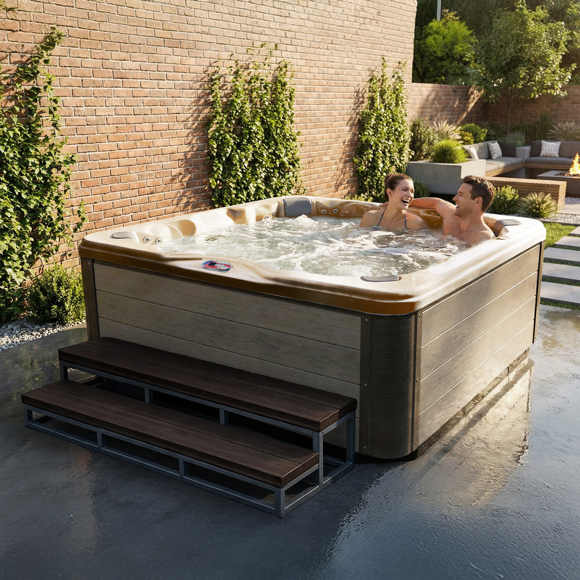 7-Person 56-Jet Premium Acrylic Bench Spa Standard Hot Tub with Bluetooth Sound System and LED Waterfall